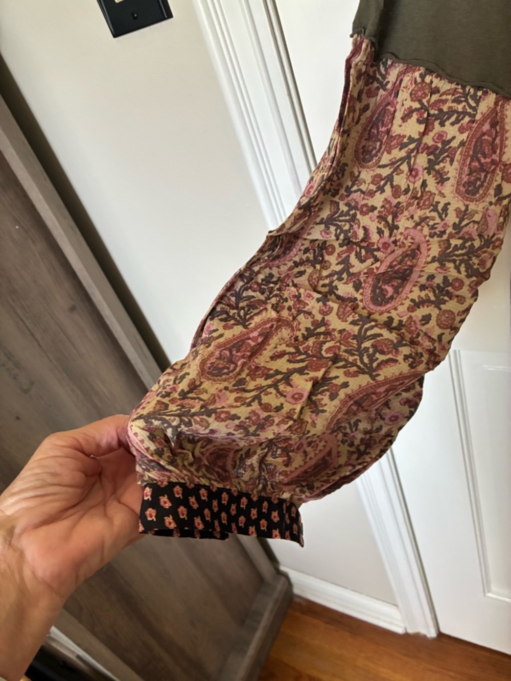 Free People Olive Green Long Sleeve Top with Pink Paisley Sleeves - Picture 2 of 5